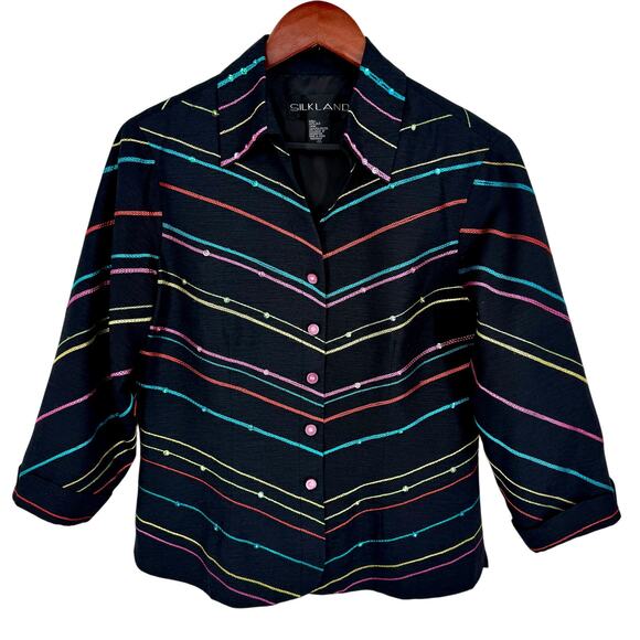 SILK LAND Tops - SILK LAND Sz Medium 100% Silk Black Blue Pink Wearable Art Jacket Shirt Top